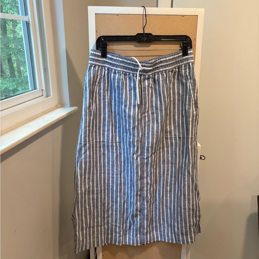 Athleta 100% Linen Blue & White Striped Drawstring Midi Skirt Size M